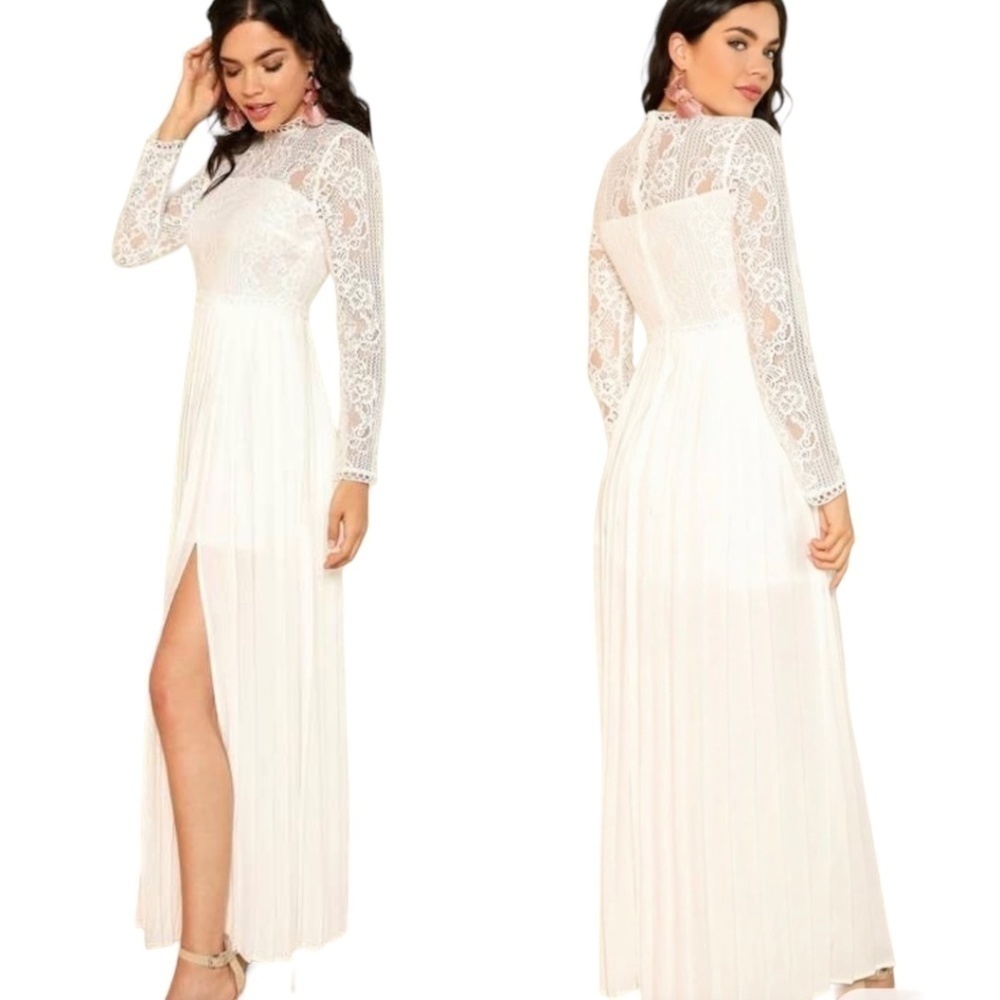 SHEIN White Cotton Nylon Blend Pleated Wedding Dress w/ Lace Bodice & Sleeves S